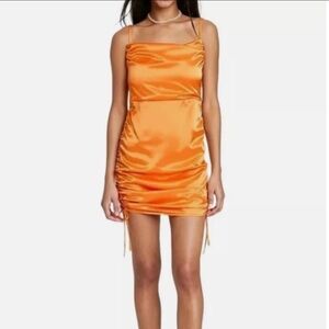 NWT Wild Fable Women's Ruched Side Bodycon Satin Dress in Neon Orange Size S